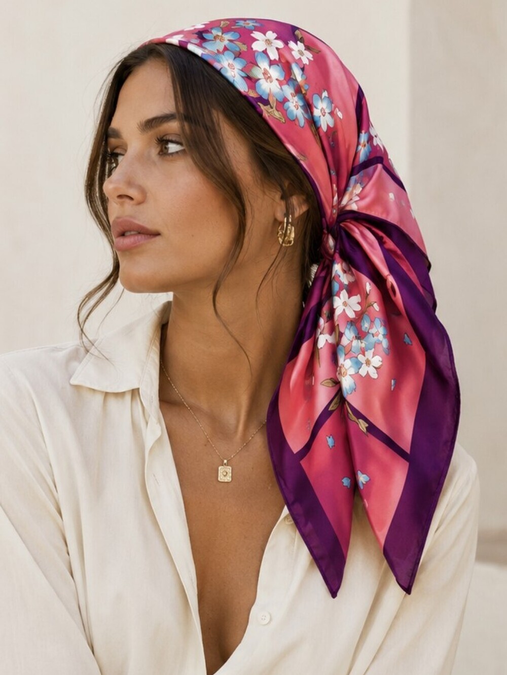 Floral Plaid Square Silky Scarf